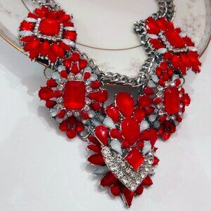 Vintage 80's Red Clear Statement Frosted White Necklace Lucite Rhinestones Heavy